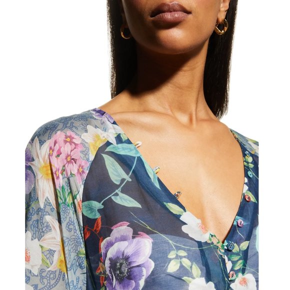 Johnny Was Sunrise Surf Swim Resort Cover Up Long Dress V Neck Flower Blue NEW - Picture 4 of 10